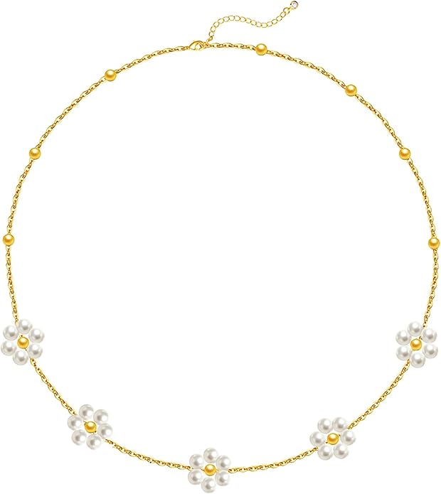 OGD Gold Pearl Necklaces Set for Women 14K Gold Plated Dainty Layered Pearl Cute Daisy Pearl Choker Gold Necklace Gifts for Women Gold Trendy Jewelry Gifts