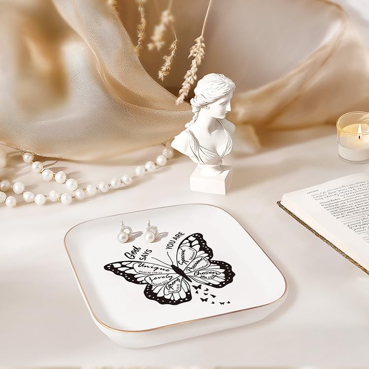 LITTLEBIGGER Christian Gifts for Women – Jewelry Tray Dish，Religious Decorative Plate with Bible Verses，Christian Gifts – Baptism Gifts for Girl, Friends, Mom, Sister, Female Coworker - style: You Are-Butterfly