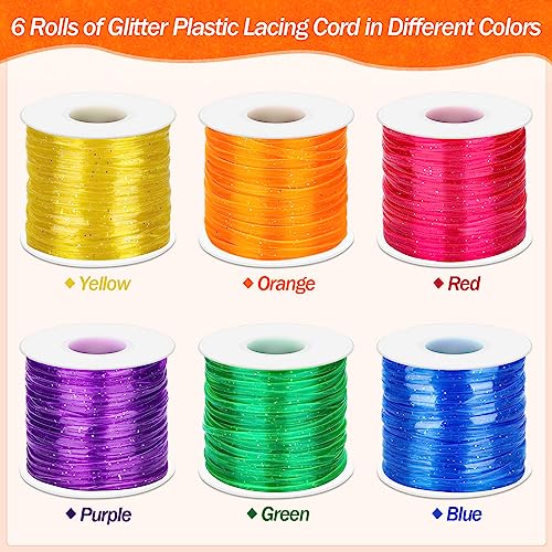 Cridoz 6 Pack Lanyard String Kit, Plastic Lacing Cord Gimp String Lanyard Weaving Kit for Boondoggle, Bracelets, Keychains, Crafts (Glitter) - style: Glitter