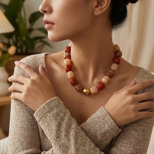 Mchic Colorful Beaded Choker Necklace for Women: Boho Large Square Acrylic Beaded Necklace Stainless Steel Adjustable Surfer Beach Strand Necklaces Summer Handmade Jewelry Gift for Women - color: Coffee