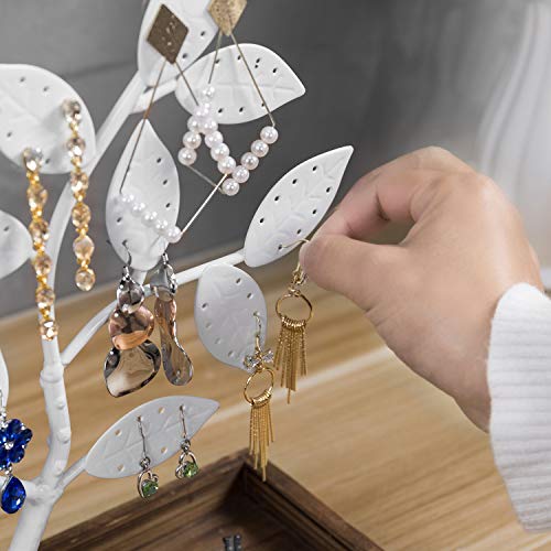 MyGift Earring Storage Rack Organizer, White Metal Jewelry Tree, Necklace and Bracelet Hanger with Wooden Ring Tray Trinket Holder - Holds 68 Pairs of Earrings - color: White