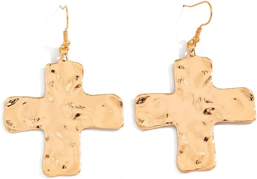 Chunky Gold Big Hammered Cross Drop Dangle Earrings for Women Trendy, Bold Thick Large Silver Cross Hook Earrings Dainty Vintage Faith Chain Jewelry