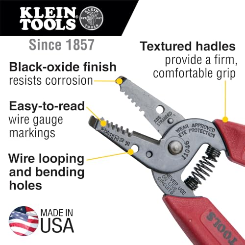 Klein Tools 11046 Wire Stripper, Wire Cutter, Made in USA, Stripping/Cutting Tool for 16-26 AWG Stranded, Compact Nose with Precision-ground Stripping Holes