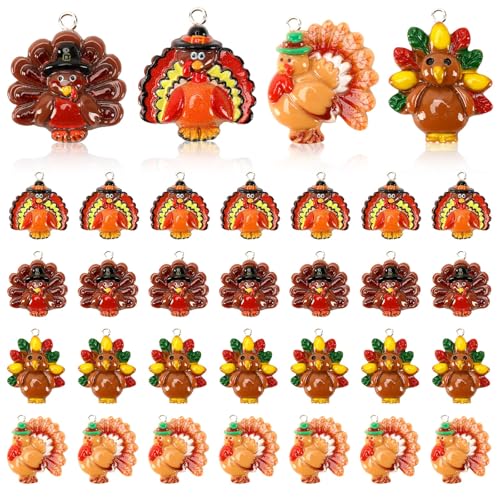 Augshy 64 Pcs Fall Thanksgiving Turkey Charms Mini Resin Turkey Charm Beads Turkey Pendant Ornament for DIY Bracelet Necklace Jewelry Making - style: Turkey Style