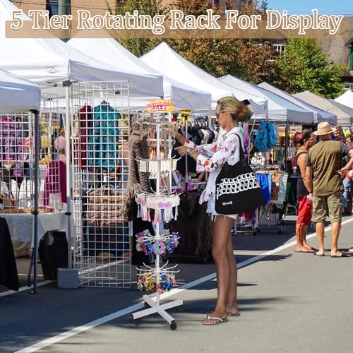 5-Tier Metal Spinning Display Stand Rack with Wheels, Keychain Jewelry Stocking Hat Display Stand, White - color: White