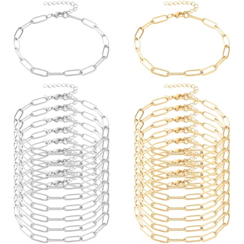Exway 20 Pcs Paperclip Charm Bracelets Chain 8.0 Inch Stainless Steel Gold and Sliver Chain Bracelets Kit with Lobster Clasps for Crafts DIY Women Jewelry Making - color: gold+silver style C, size: 8.0in
