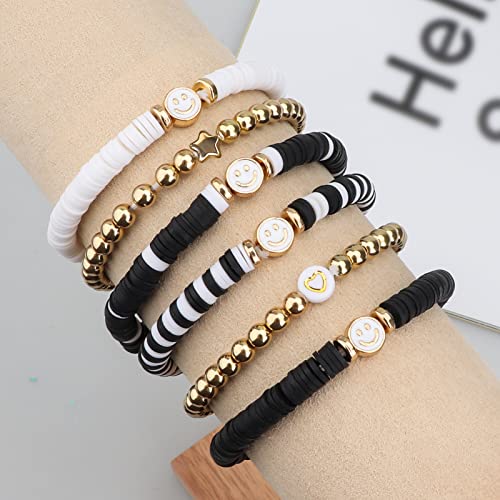 JIASHUYEYE Preppy Bracelets for Teen Girls - Stackable Boho Surfer Friendship Bracelets Set for Little Girls & Women - style: White Black