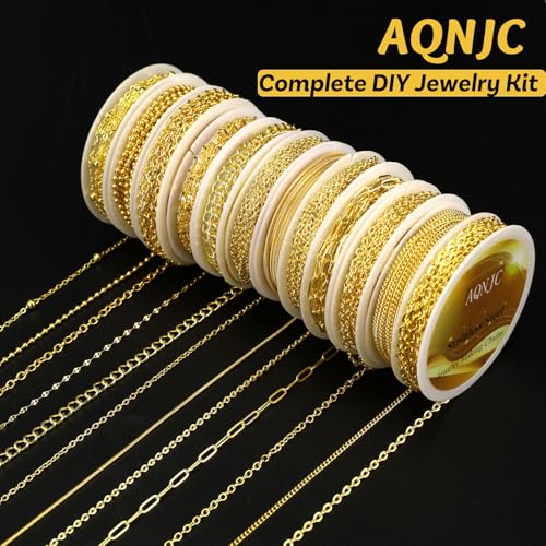 AQNJC Gold Chain for Jewelry Making, 98 Feet 12 Rolls Jewelry Chains with Gold Charms for Women DIY Necklace Bracelet Making Supplies with Jump Rings, Lobster Clasps, Connectors - color: 12 Rolls Gold Necklace Chains with Gold Charms