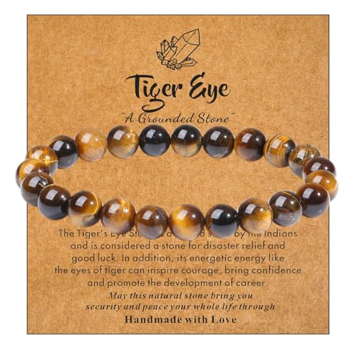 MAIBAOTA Healing Crystal Bracelet for Women Men, 8/4 mm Natural Stone Beaded Bracelets, Jewelry Birthday Gifts, Round Gemstones Stretch Bracelets - color: Brown-Tiger Eye, size: 8 mm