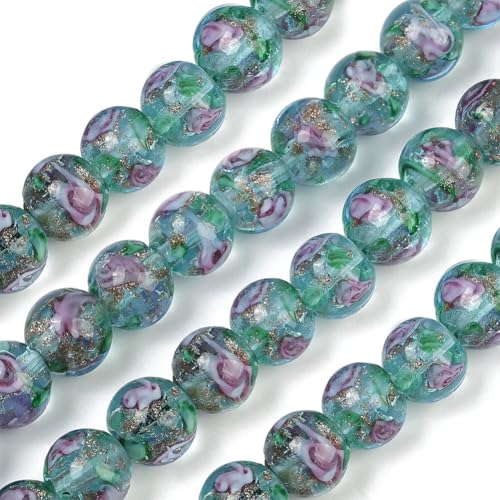 1 Box 40PCS 10MM Rose Flower Lampwork Round Beads with Holes Glass Gold Sand Floral Handmade Pale Turquoise Garden Spacer Loose Bead Bulk for Jewelry Making Necklace Bracelet DIY Craft - color: Green, size: 40pcs