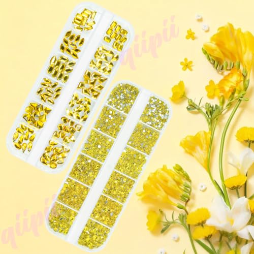 qiipii 2630Pcs Golden Yellow Nail Rhinestones 120 Multi Shapes Crystal Flatback Gems +2510 Round Beads Glass Stones Diamonds Jewels w Tweezer & Wax Pen for DIY Face Eye Mackup Clothes Shoes - color: Golden Yellow, size: A Set
