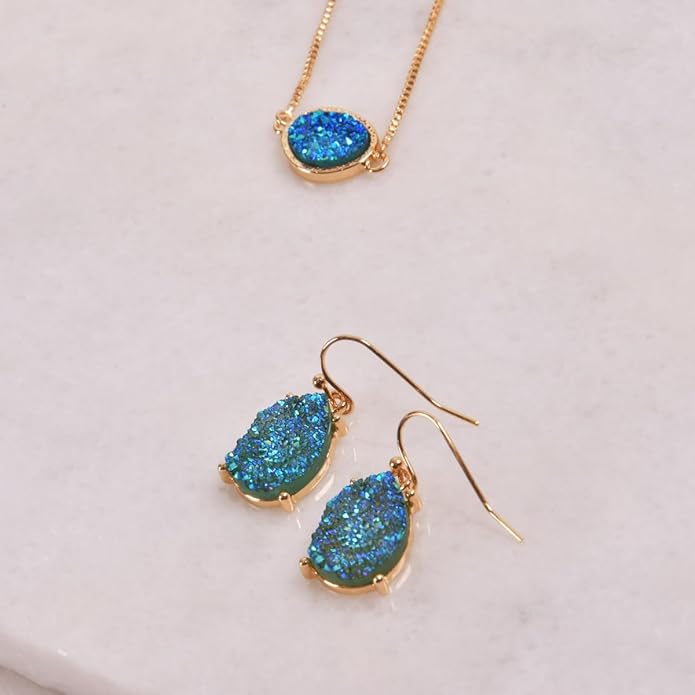 Teardrop Dangle Earrings for Women with Simulated Druzy Stones in Gold or Silver Tone