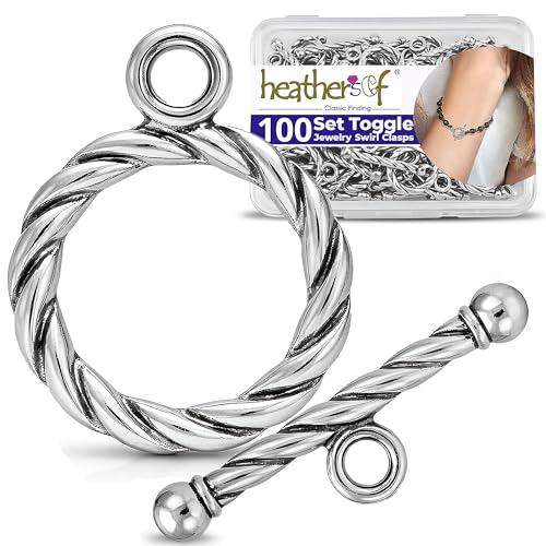 Heather's cf Toggle Jewelry Clasps – Durable Quality, Antique Twisted Silver Finish Toggle Clasps & Closures for Necklace, Bracelet & Charms – Ideal for DIY, & Jewelry Making – Small (Set of 100) - color: Twisted silver toggle clasp