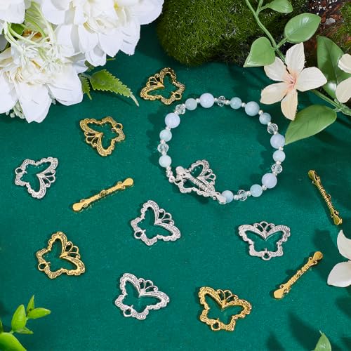 PH PandaHall 30 Sets Butterfly Toggle Clasps, 28mm OT Clasps Alloy Jewelry Clasp Closure Metal T Bar Clasp Closure Clip Connector for Necklaces Bracelets Jewelry Craft Making, Antique Golden/Silver
