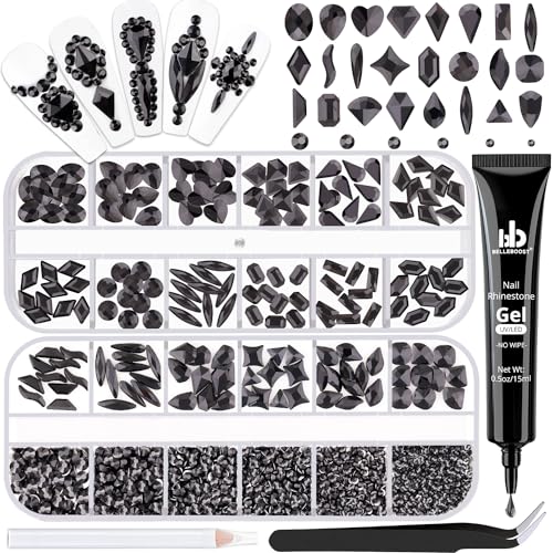 Glass Nail Rhinestones Multi-Shapes Flatback Gems, Round Crystal Glue Gel + 1500Pcs,arty Nails Diamond Gemstones - color: Black with Glue