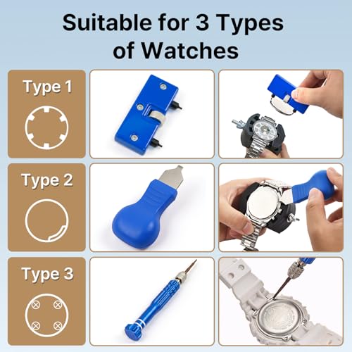 EasyTime Watch Battery Replacement Tool Kit Professional Watch Repair Toolkit and Back Remover Set with Adjustable Case Opener, Tweezers, Screwdriver and Instructions - color: Blue