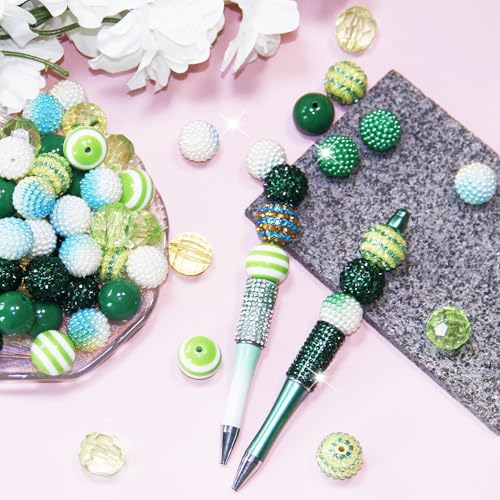 48 Pcs 20mm Beads for Pens Rhinestone Bubblegum Bead Green Crystal Acrylic Round Chunky Bead Sparkly Craft Large Balls Beads for Pen Beadable Keychain Bracelet Necklace DIY Jewelry Making Supplies - color: Green