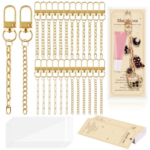 Wurosi 24 Set Lip Gloss Keychain Making Kit, Gold Keychain Clips Hooks with Extender Chain, Cellophane Bags, Thank You Cards, 5M Hemp Rope, for DIY Key Chain Making Crafts, Christmas Gifts - color: 24 Set Keychain Making Kit