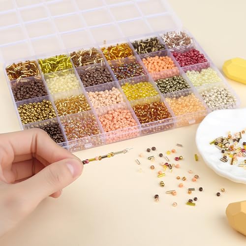 ZHIYUXI 7500Pcs Gold Glass Seed Beads Kit for Jewelry Making with Bugle Tube Bead 24 Colors Waist Embroidery Beads for DIY Bracelet Necklace Making Craft Beading Kit - color: C-Gold