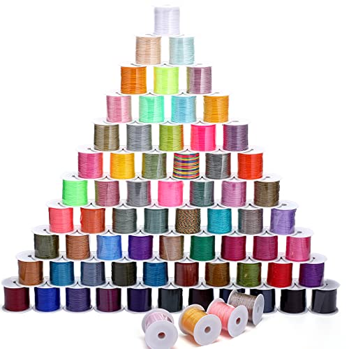70 Rolls Nylon String for Bracelets 70 Colors Chinese Knotting Cord 0.8mm Nylon Trim Cord Beading String Thread for Kumihimo Jewelry Making Friendship Necklace Macrame DIY Craft, 1540 Yards Total