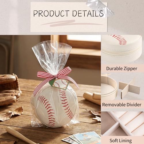 12-Pack Baseball Jewelry Box Bulk Team Gifts for Girls & Moms, White Round Mini Travel Jewelry Case with Red Stitching, Senior Night Tournament Gifting, Baseball Mom Accessories - style: Baseball