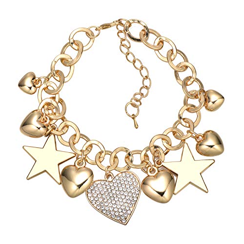 SILANER Gold Chain Link Bracelet - 7"+ 2" Extender 14K Gold Plated Love Locked Bracelets for Women, with Crystal, Love Heart,Key, Lock, Charm Bracelet - color: Stars and Hearts Charm