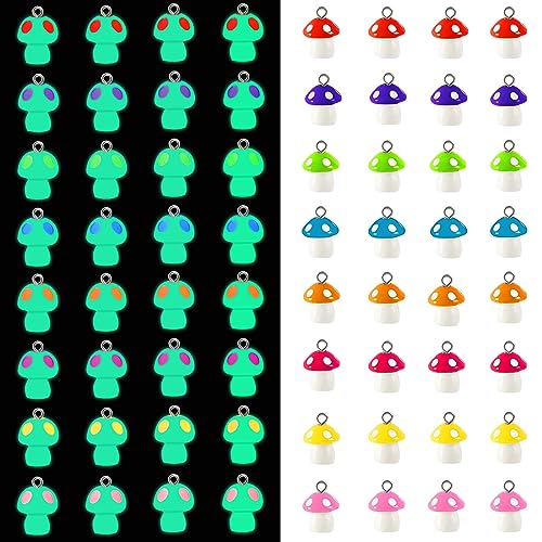 Augshy Mushroom Charms, 64 Pcs Mushroom Resin Charm Beads Ornament Glow in The Dark Pendant for DIY Bracelet Necklace Jewelry Making - style: Mushroom Style