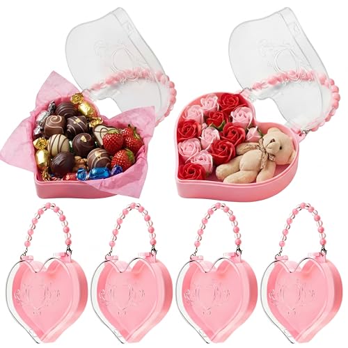 Youyole 6 Pcs Mother's Day Small Heart Box Containers with Handle Reusable Plastic Gift Bag Portable Jewelry Organizer for Flower Gifts Candy Snack Food Party Favor(Pink)