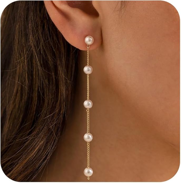 Moodear Gold Dangle Earrings for Women Trendy Dainty 14K Gold Plated Pearl Flower Dangle Drop Stud Chain Earrings Hypoallergenic Long Dangle Earrings for Women Wedding Jewelry Gifts