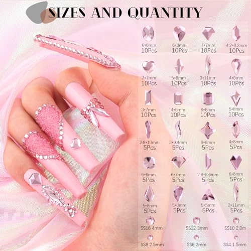 1680Pcs Pink Glass Nail Rhinestones 180Pcs Multi Shapes Flatback Nail Gems + 1500Pcs 1.5-4mm Round Crystal with Rhinestones Glue Gel, Manicure Nail Charms Diamond Gemstones for Nail Art - color: Pink with Glue