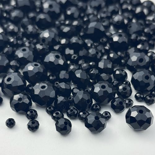 600pcs Crystal Glass Beads 3mm 4mm 6mm 8mm 10mm Rondelle Faceted Crystal Beads Spacer Beads for Necklace Bracelet Earrings DIY Jewelry Crafts Making Supplies(Black) - color: Black
