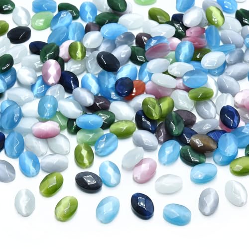 28pcs 10x14mm Mixed Colors Cat's Eye Flat Faceted Oval Stone Loose Gemstone Beads Semi-Precious Craft Supplies for DIY Jewelry Making - color: Faceted Oval Mixed Colors
