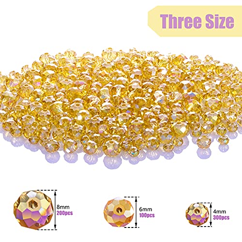 WILLBOND 600 Pcs Crystal Glass Beads for Jewelry Making Bulk Suncatcher Faceted Rondelle Loose Gemstone for Valentine's Day, Irish Holiday, Easter Bracelet DIY Crafts 8mm, 6mm, 4mm(Champagne Gold) - color: Champagne Gold