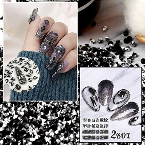 2630Pcs Mine Black Nail Rhinestones 120 Multi Shapes Metallic Black Big Gems Nail Charms +2510 Flatback Rhinestones Round Beads K9 Glass Stones Nail Art Diamonds jewels for Nails Eyes Makeup Crafts - color: Metallic Black, size: A Set