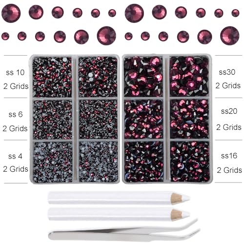 10000Pcs 2-Boxes Mixed Size Hot Fix Round Crystals Gems Glass Stones Hotfix Flat Back Rhinestones with Tweezers and Picking Pencil (Amethyst) - color: Amethyst, size: 2-Box (10000pcs)