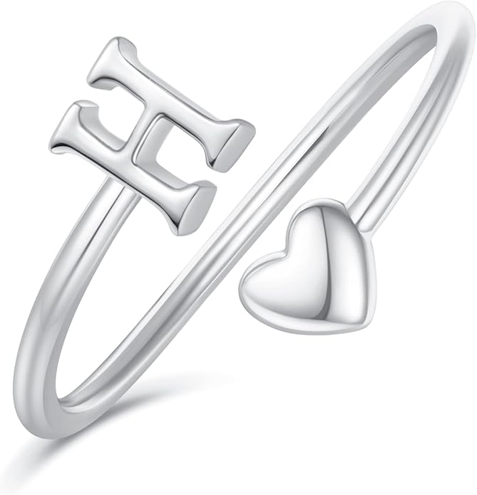 Initial Rings for Women Girls - Valentines Day Gifts for Her, Adjustable Rings for Women Non Tarnish Letter A-Z Dainty Heart Ring Teen Girls Gifts Trendy Stuff Personalized Jewelry Gift