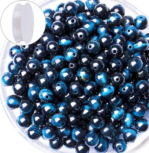 QINJIEJIE 60PCS Blue Sapphire Tiger Eye Beads 8mm Stone Beads Round Loose Gemstone Bead for Bracelet Beading Crystal Jewelry Making DIY Necklace Earrings 0.32" - color: Sapphire Tiger's Eye, size: 60PCS