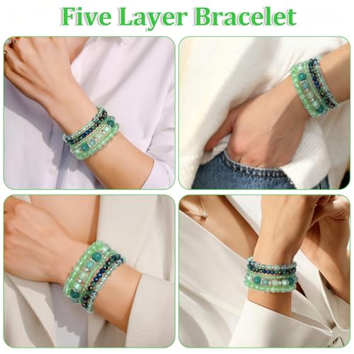 5Pcs Beaded Bracelets for Women, Bohemian Glass Faceted Crystal Beads Bracelet, Stackable Boho Disco Ball Stretch Bracelets, Multilayered Purple Jewelry Gift for Women, Mother's Day - color: Green