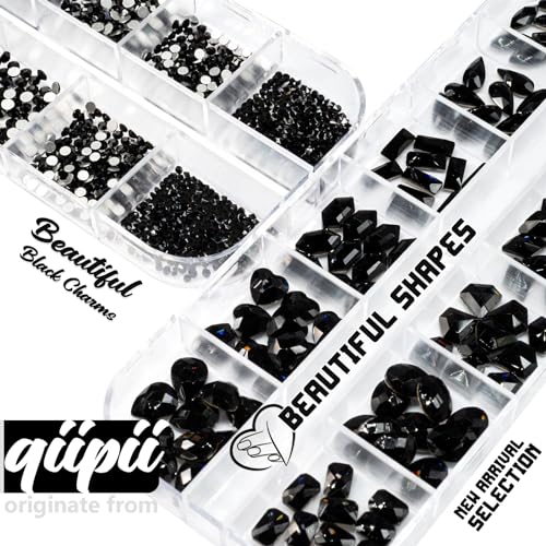 qiipii 4080Pcs Black Nail Rhinestones Crystal Flatback Jet Black Rhinestones Round Beads Glass Gems Stones Nail Art Gems Diamonds jewels Multi Shapes Sizes Nail Charms for Nails Eyes Makeup DIY Crafts - color: Jet Black, size: A Set