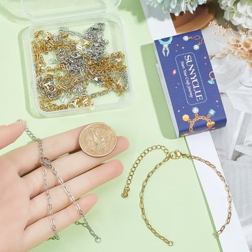 SUNNYCLUE 1 Box 16pcs Adjustable Slider Chain Links Paperclip Bracelet Chain 304 Stainless Steel Silver Gold Bracelet Charms Link with Lobster Clasp for Jewelry Making Bracelet Women Gifts DIY Crafts