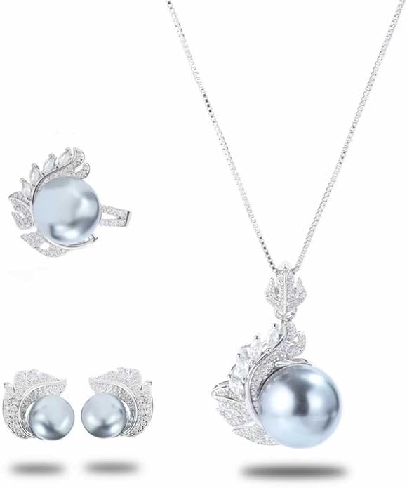 Jewelry set for Women Trendy Elegant 14K Gold/Silver Plated Imitation Pearl Necklace Pendant Earrings and Ring Inlaid With CZ - Wedding Fashionable Jewelry Gift