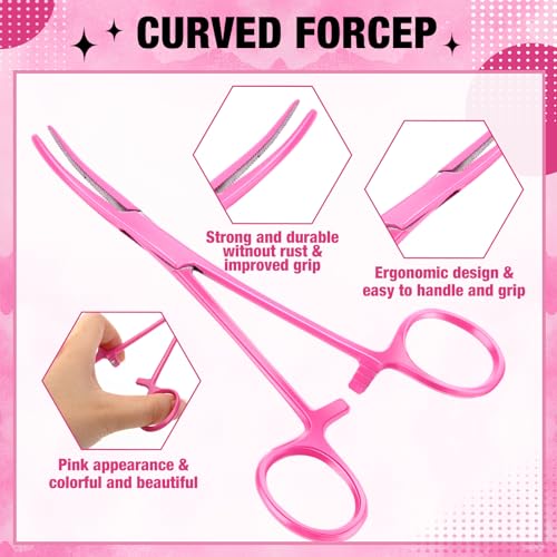 BBTO Hemostat Curved and Straight Hemostat Forceps Piercing Pliers Forceps, Stainless Steel Straight and Curved Pliers, Fishing Tweezer(Pink,2 Pcs) - color: Pink