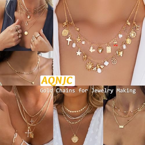 AQNJC Gold Chain for Jewelry Making, 98 Feet 12 Rolls Jewelry Chains with Gold Charms for Women DIY Necklace Bracelet Making Supplies with Jump Rings, Lobster Clasps, Connectors - color: 12 Rolls Gold Necklace Chains with Gold Charms