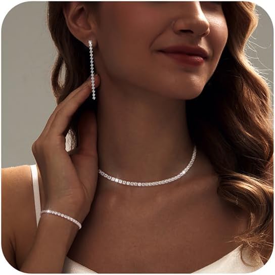 Tennis Necklace Bracelet for Women, Dainty Sterling Sliver Choker Necklace Crystal Link Bracelet Stud Earrings for Women Wedding Jewelry for Bride Jewelry Set Accessories