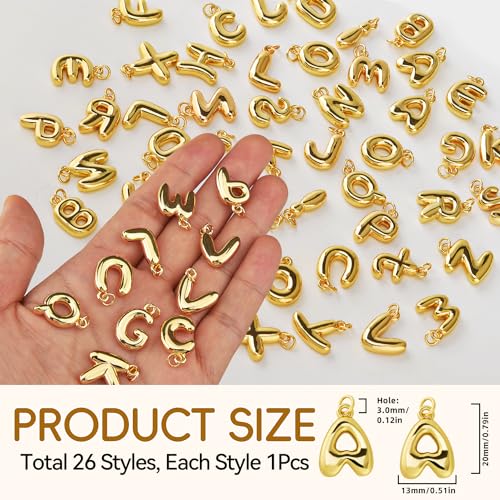 26Pcs 18K Gold Filled A-Z Alphabet Letters Charms for Jewelry Making, Chunky Gold Initial Letter Charm Pendant Beads, Trendy Bubble Slide Glitter Pendants for Women Bracelet Necklace Choker Making