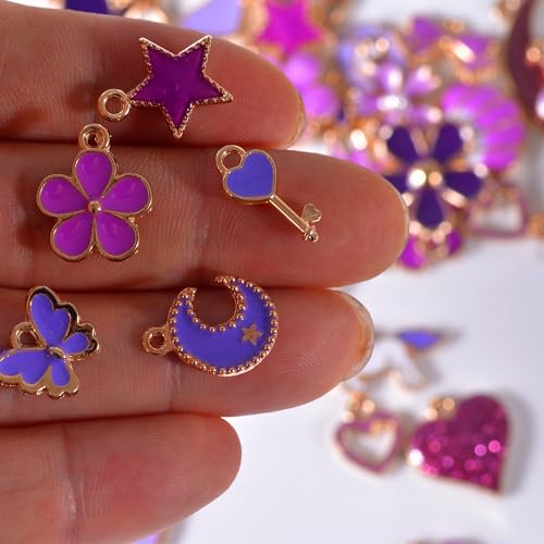 Bulk Gold Enamel Charms for Jewelry Making, Colorful Metal Charms Pendant for Bracelet Necklace and Crafting - color: Purple Theme