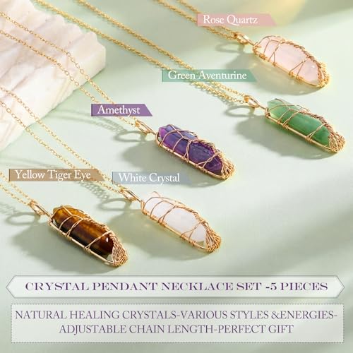 Yaomiao 5 Pieces Crystal Necklaces, Healing Stones Spiritual Pendant Natural Gemstone Jewelry with Adjustable Chain for Women Girls - color: Mixed Color with Tree Gold Chain