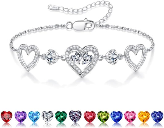 Iefil Valentines Day Gifts for Her - 925 Sterling Silver Heart Birthstone Bracelet Birthday Anniversary Jewelry Gifts for Her Wife