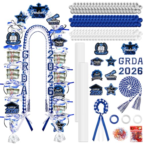 Graduation Candy Lei Making Kit Class of 2026 DIY Lei PE Bags Tubing Money Leis 2026 Graduation Ribbon Necklace Include 2 x 5 ft PE Bags 90 Pcs Flower Accessories for Grad Party Supplies (Blue, White) - color: Blue, White