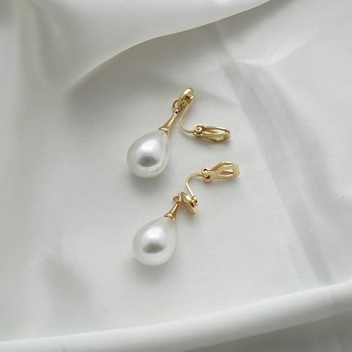 Pearl Clip on Earrings for Women Drop Clip Earrings for Women Gold Plated White Imitation Pearl Earrings Fashion